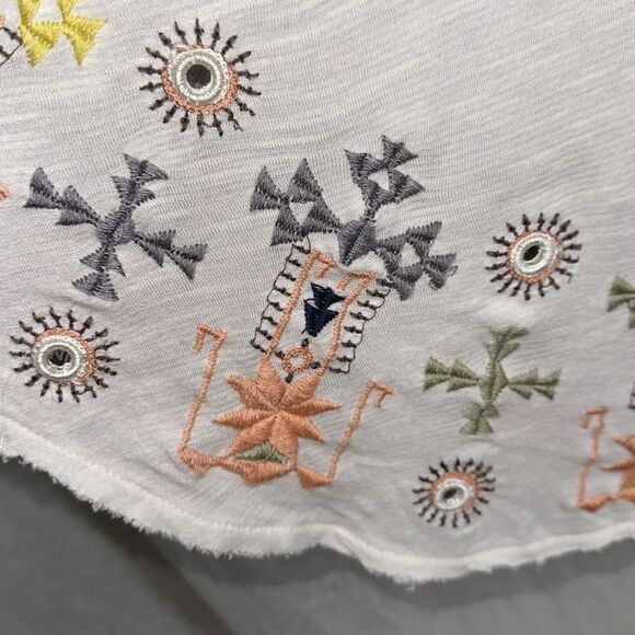 free people L Ivory Navy Peach Green Lace up Oversized Embroidered Peasant Top - Picture 9 of 14